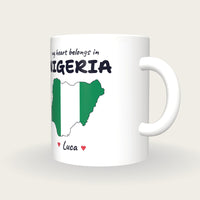 Personalised Nigeria Map Mug, My Heart Belongs In Nigeria, three-quarter view
