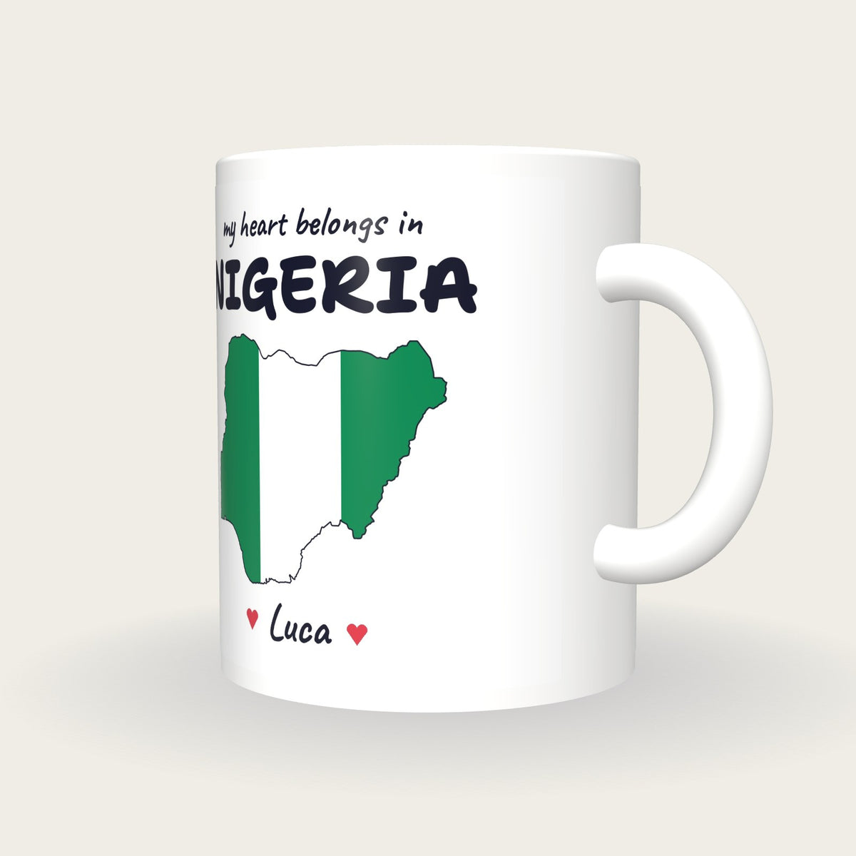Personalised Nigeria Map Mug, My Heart Belongs In Nigeria, three-quarter view
