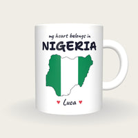 Personalised Nigeria Map Mug, My Heart Belongs In Nigeria, front