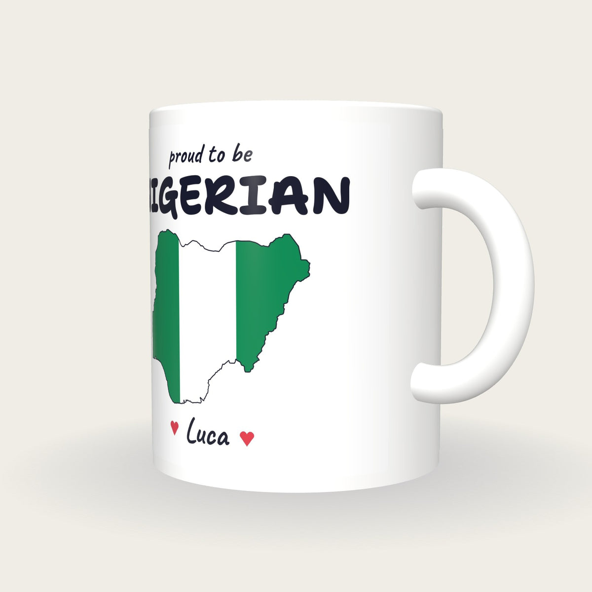 Personalised Nigeria Map Mug, Proud To Be Nigerian, three-quarter view