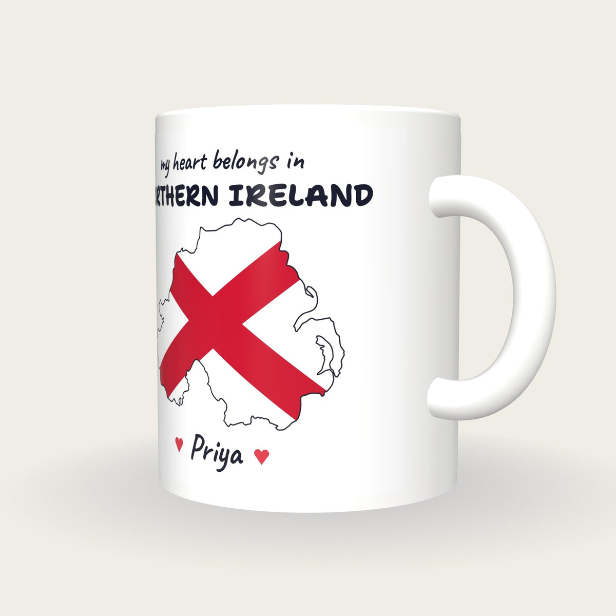 Personalised Northern Ireland Map Mug, My Heart Belongs In Northern Ireland, three-quarter view