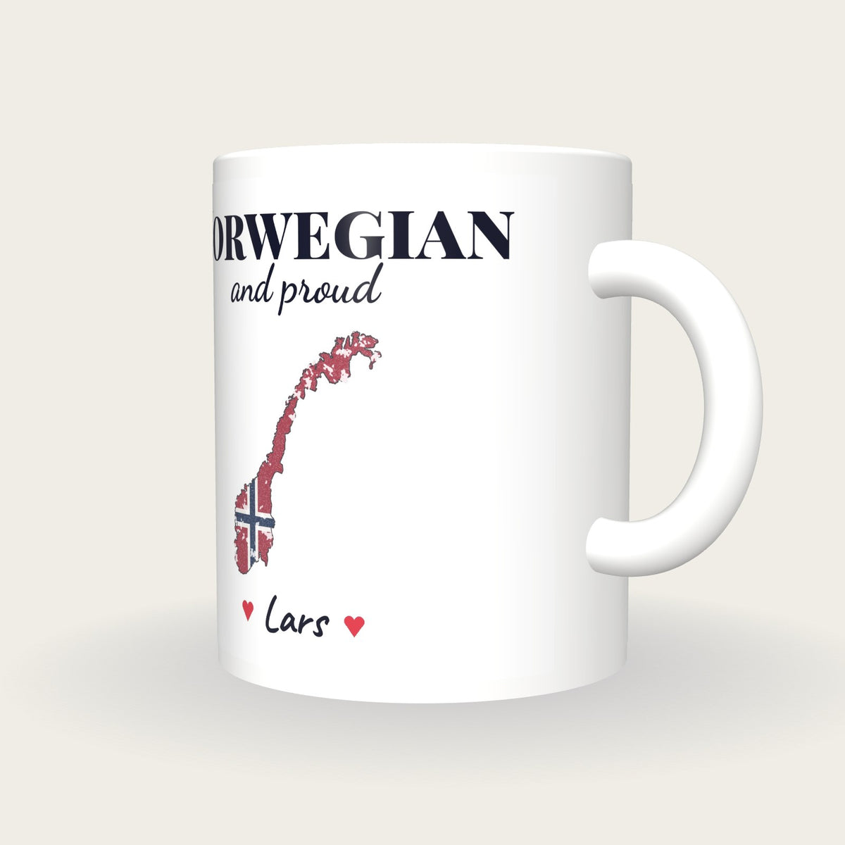 Personalised Norway Map Mug, Norwegian And Proud, three-quarter view
