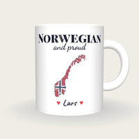 Personalised Norway Map Mug, Norwegian And Proud, front