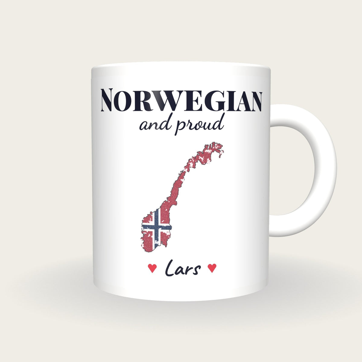 Personalised Norway Map Mug, Norwegian And Proud, front
