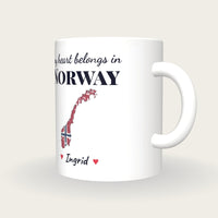 Personalised Norway Map Mug, My Heart Belongs In Norway, three-quarter view