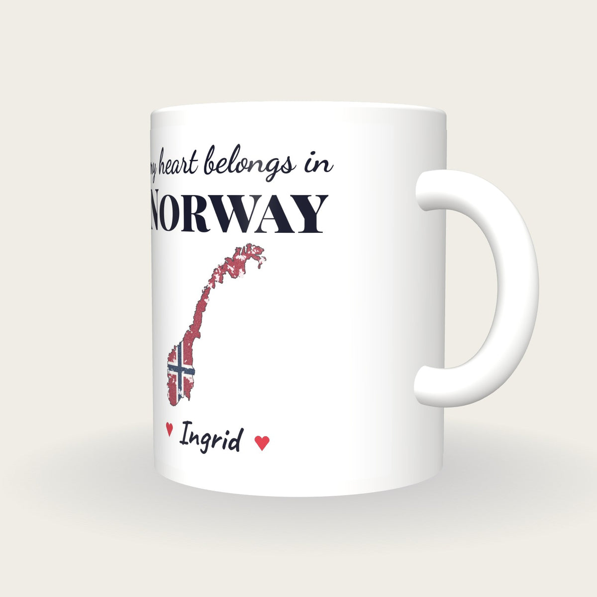 Personalised Norway Map Mug, My Heart Belongs In Norway, three-quarter view