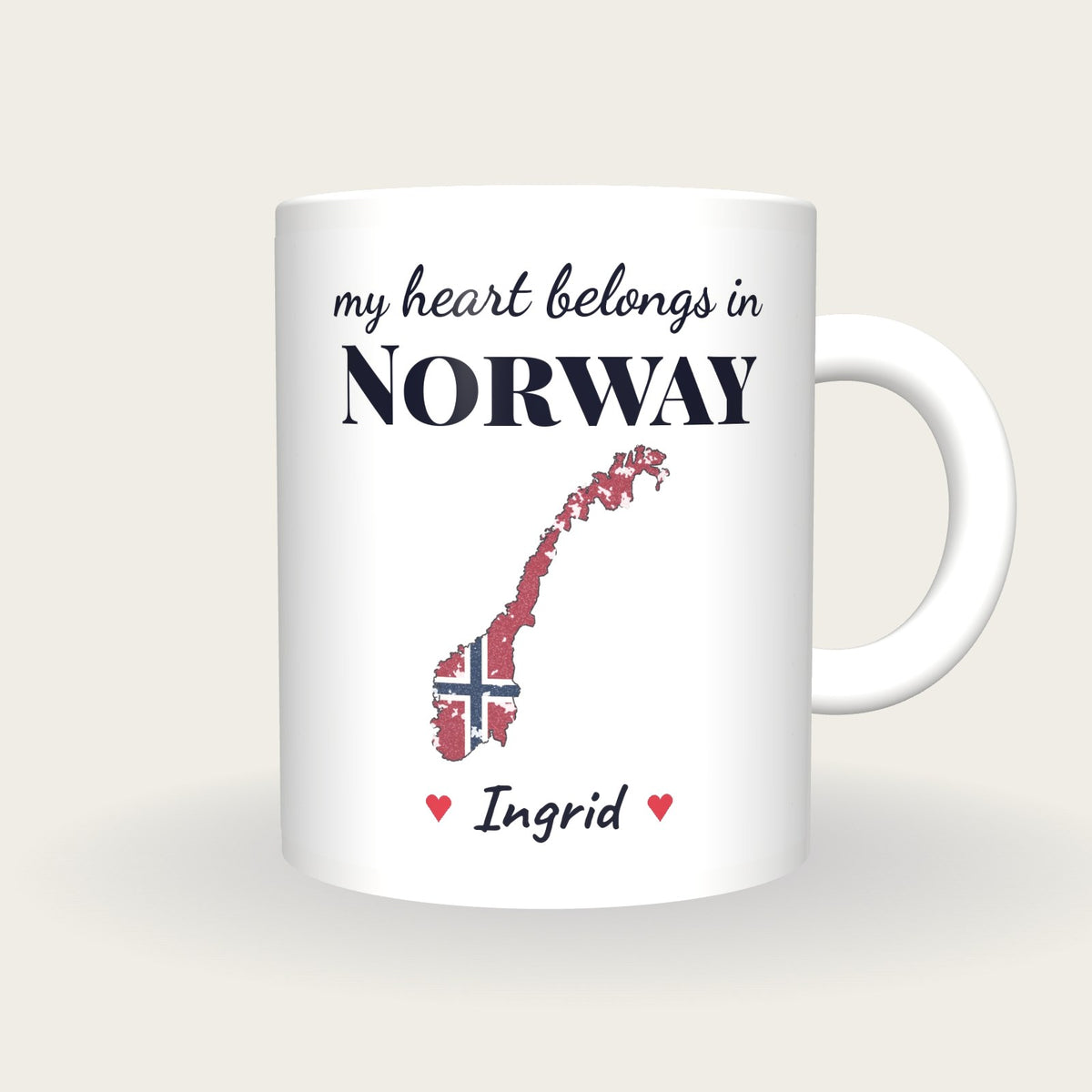 Personalised Norway Map Mug, My Heart Belongs In Norway, front