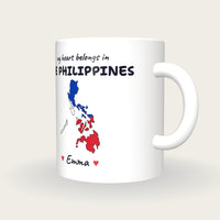 Personalised Philippines Map Mug, My Heart Belongs In The Philippines, three-quarter view