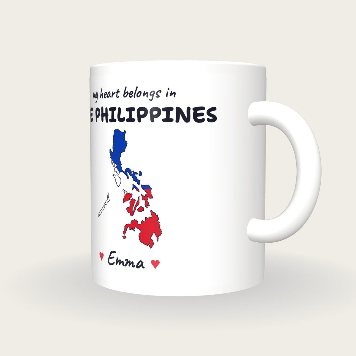 Personalised Philippines Map Mug, My Heart Belongs In The Philippines, three-quarter view