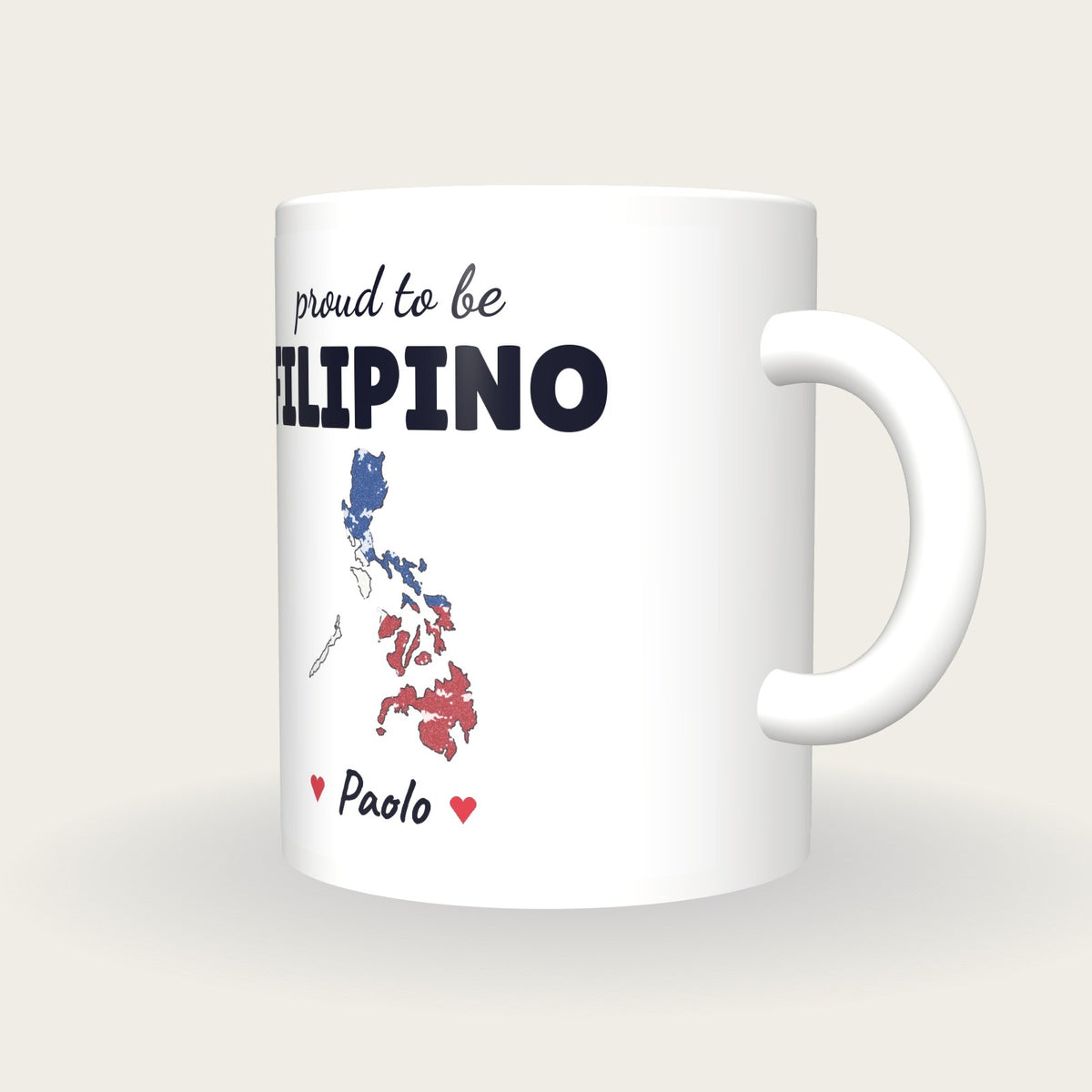Personalised Philippines Map Mug, Proud To Be Filipino, three-quarter view
