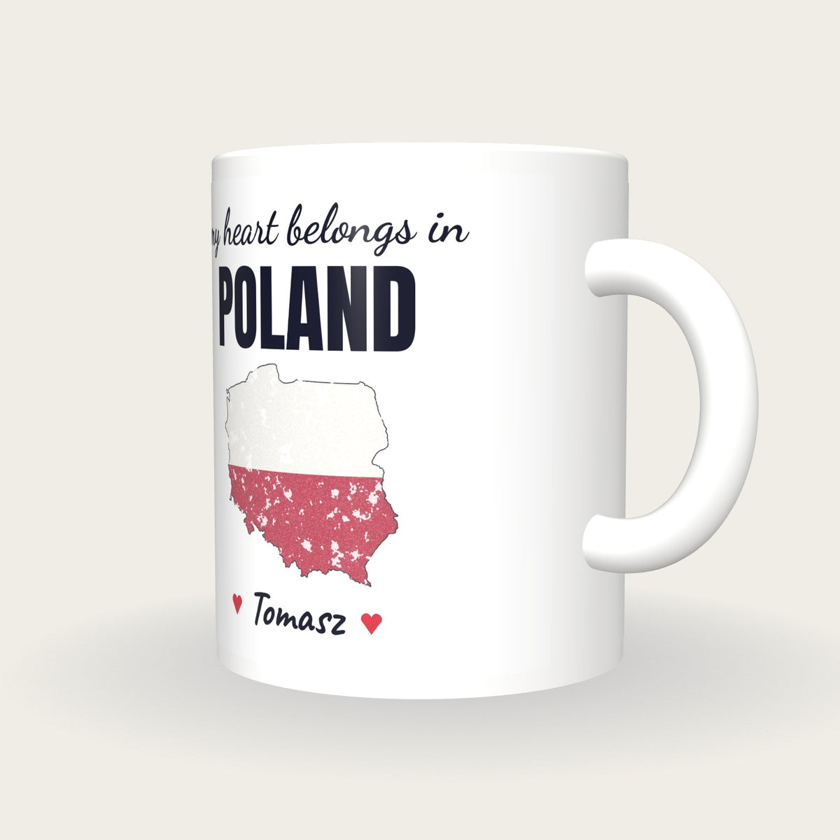 Personalised Poland Map Mug, My Heart Belongs In Poland, three-quarter view