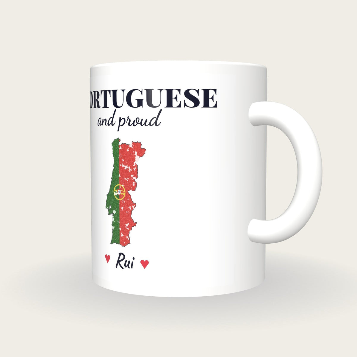 Personalised Portugal Map Mug, Portuguese And Proud, three-quarter view