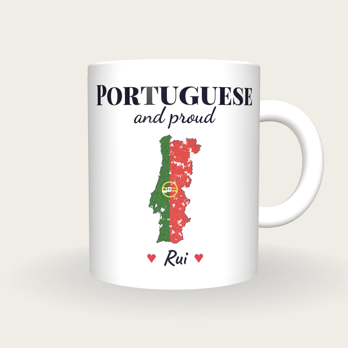 Personalised Portugal Map Mug, Portuguese And Proud, front