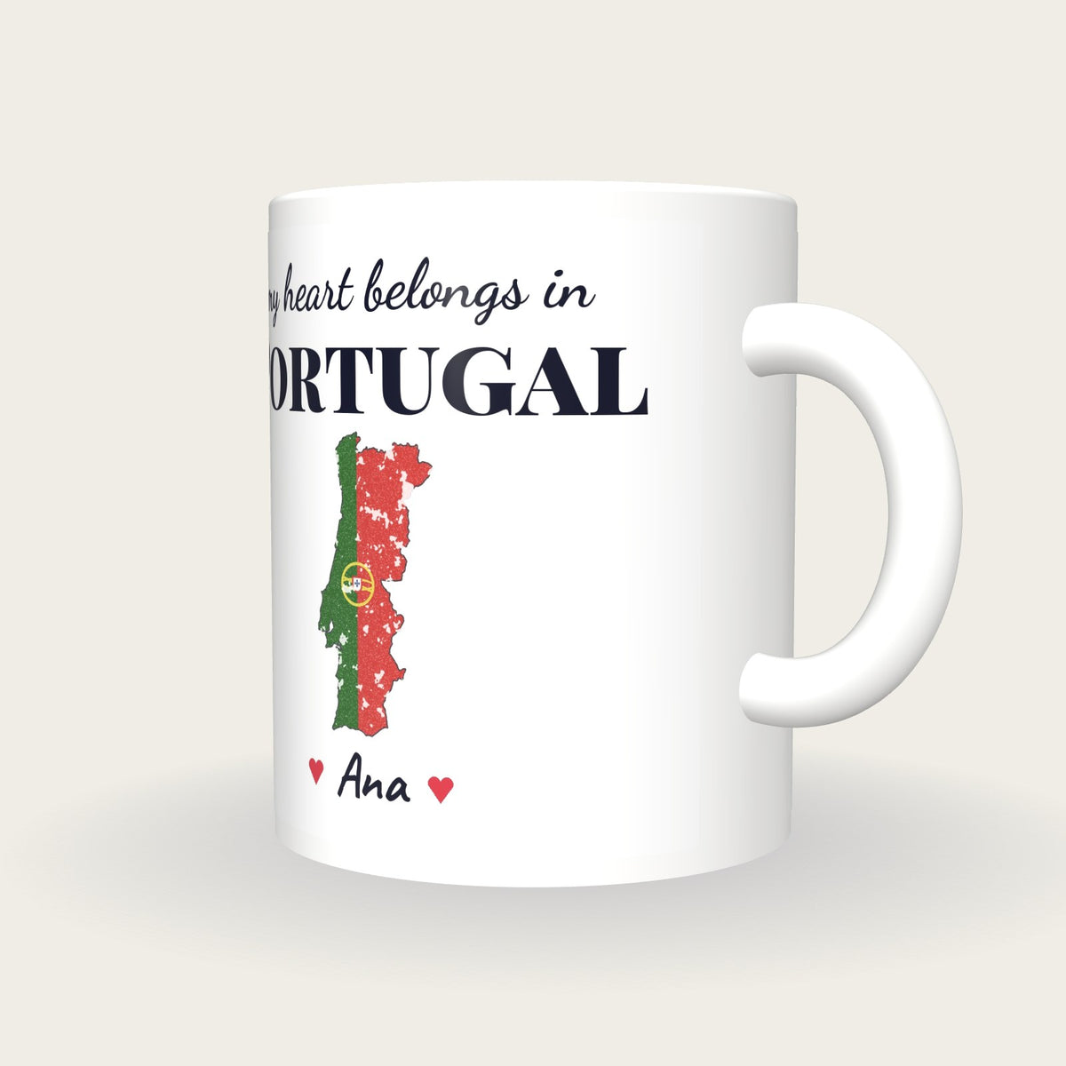 Personalised Portugal Map Mug, My Heart Belongs In Portugal, three-quarter view