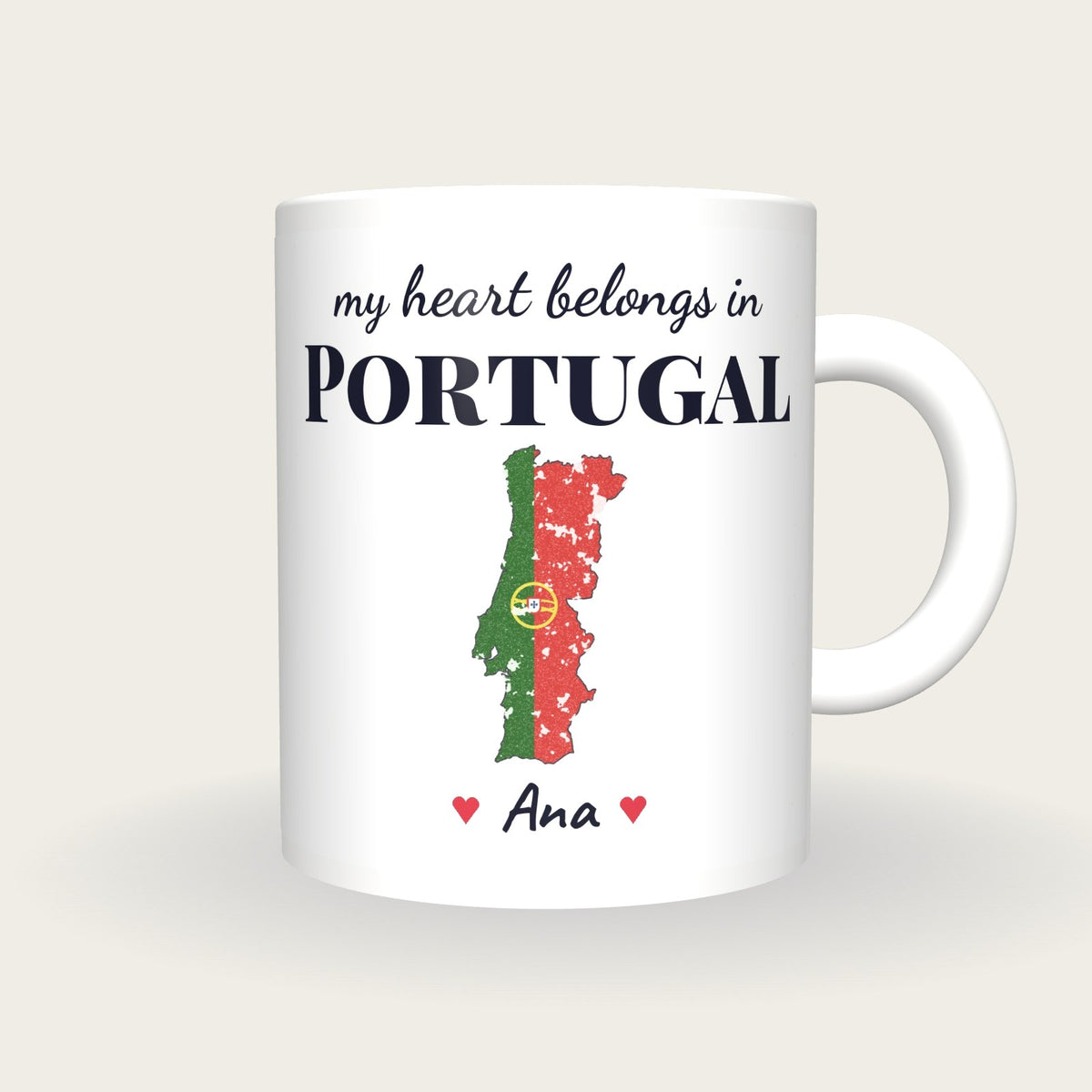 Personalised Portugal Map Mug, My Heart Belongs In Portugal, front