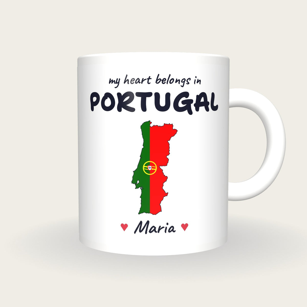 Personalised Portugal Map Mug, My Heart Belongs In Portugal, front