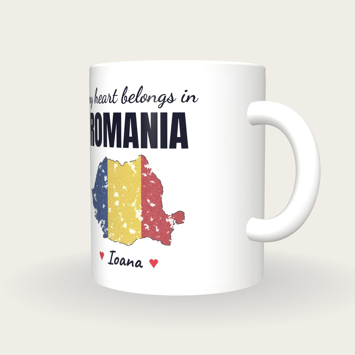 Personalised Romania Map Mug, My Heart Belongs In Romania, three-quarter view