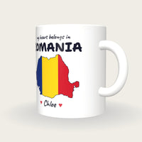 Personalised Romania Map Mug, My Heart Belongs In Romania, three-quarter view