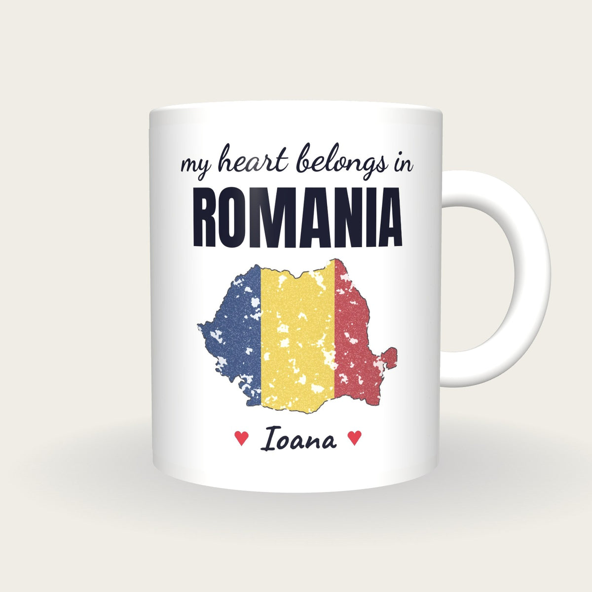 Personalised Romania Map Mug, My Heart Belongs In Romania, front