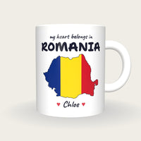 Personalised Romania Map Mug, My Heart Belongs In Romania, front