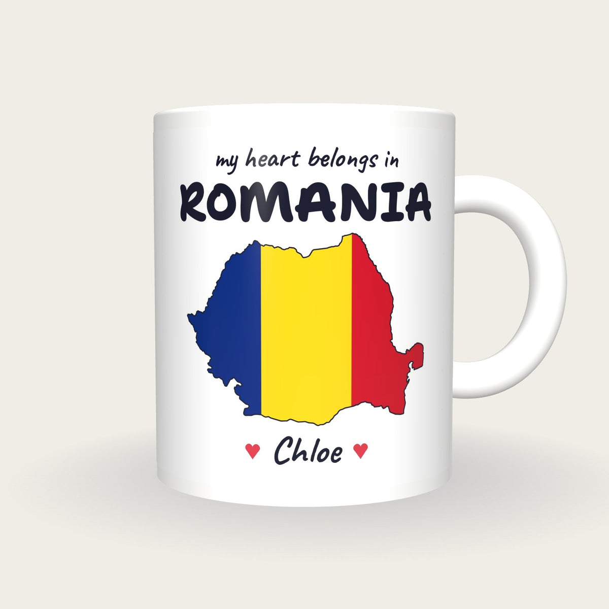 Personalised Romania Map Mug, My Heart Belongs In Romania, front