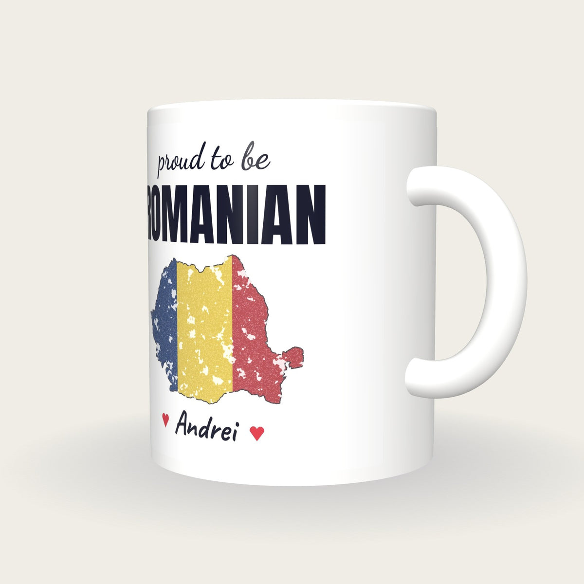 Personalised Romania Map Mug, Proud To Be Romanian, three-quarter view