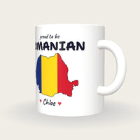 Personalised Romania Map Mug, Proud To Be Romanian, three-quarter view