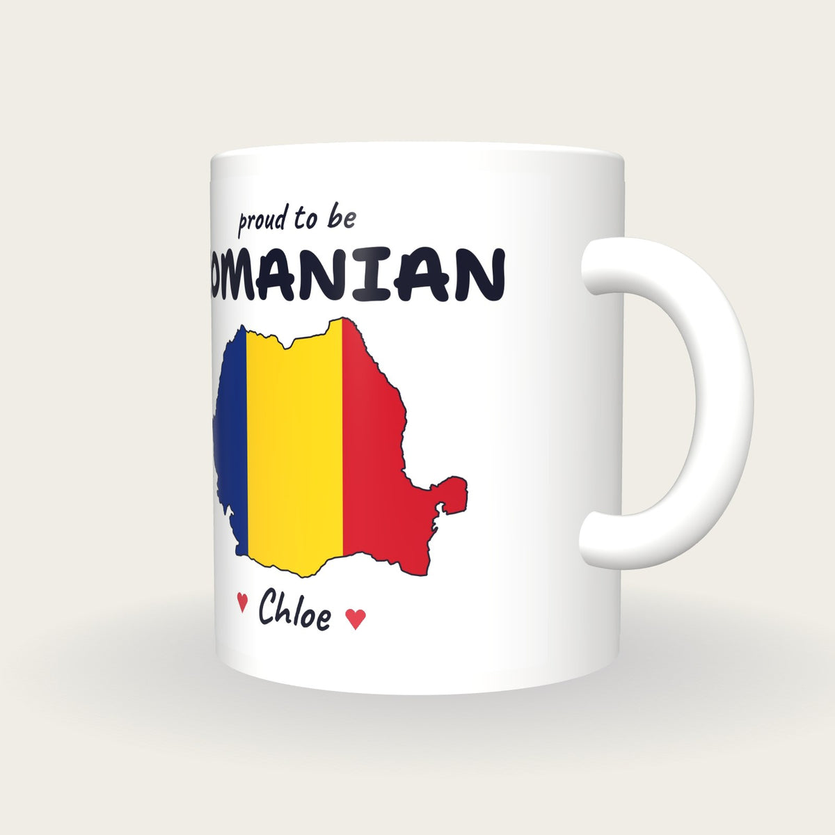 Personalised Romania Map Mug, Proud To Be Romanian, three-quarter view