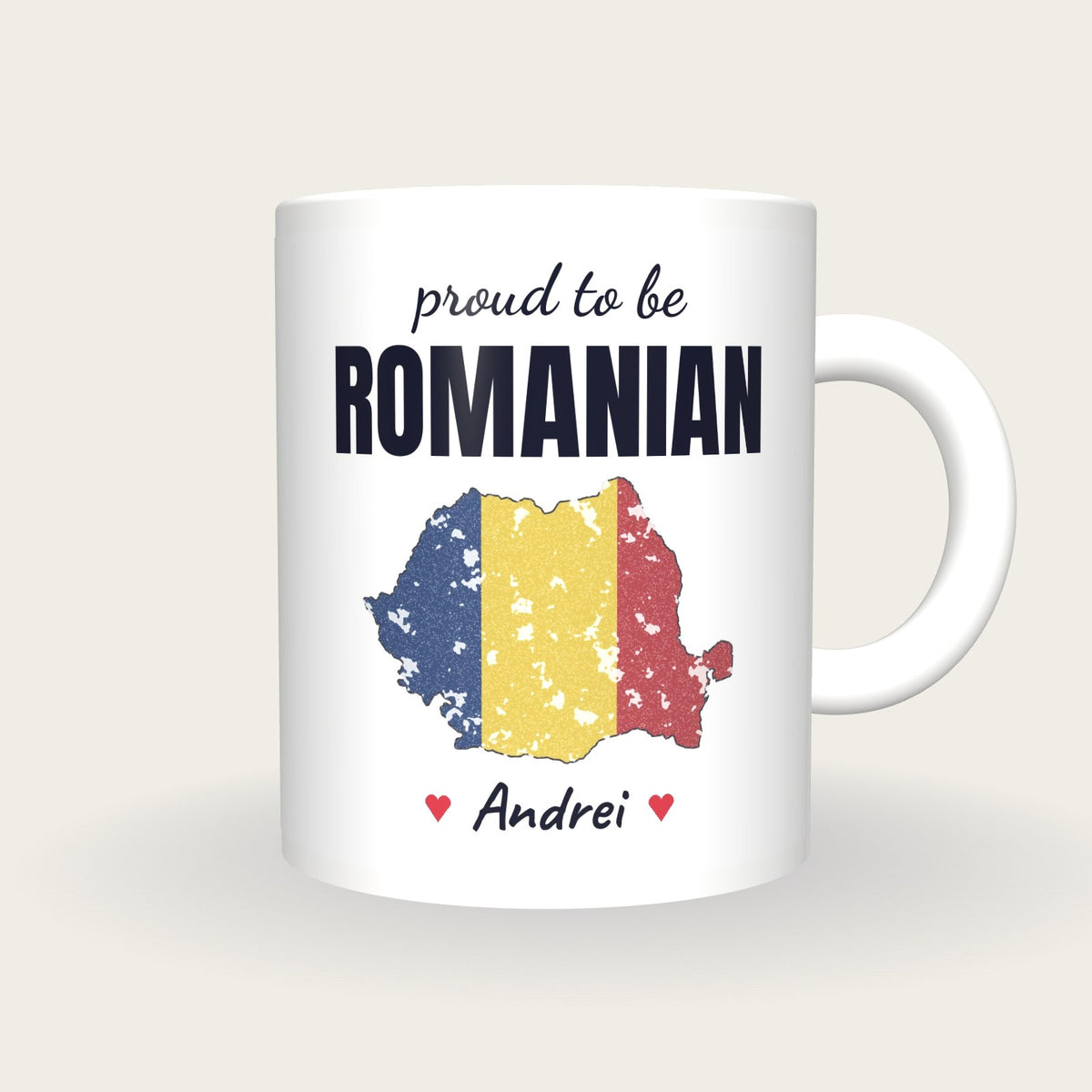 Personalised Romania Map Mug, Proud To Be Romanian, front