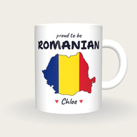 Personalised Romania Map Mug, Proud To Be Romanian, front