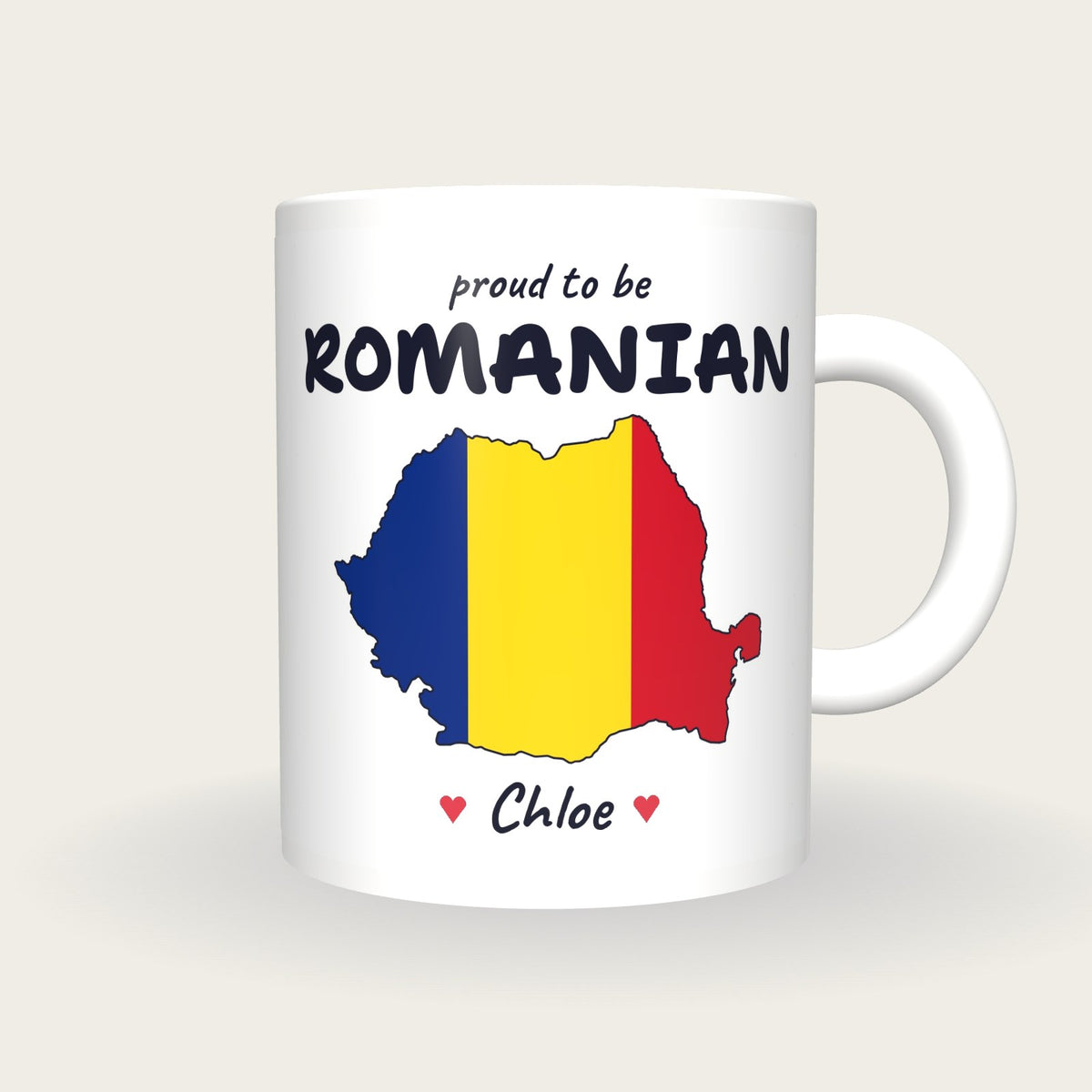 Personalised Romania Map Mug, Proud To Be Romanian, front