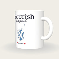 Personalised Scotland Map Mug, Scottish And Proud, three-quarter view