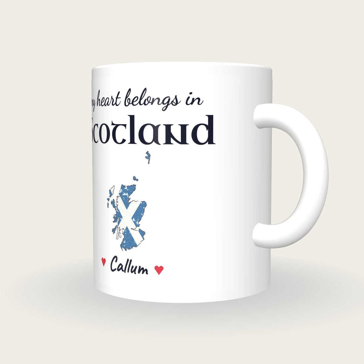 Personalised Scotland Map Mug, My Heart Belongs In Scotland, three-quarter view