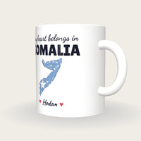 Personalised Somalia Map Mug, My Heart Belongs In Somalia, three-quarter view