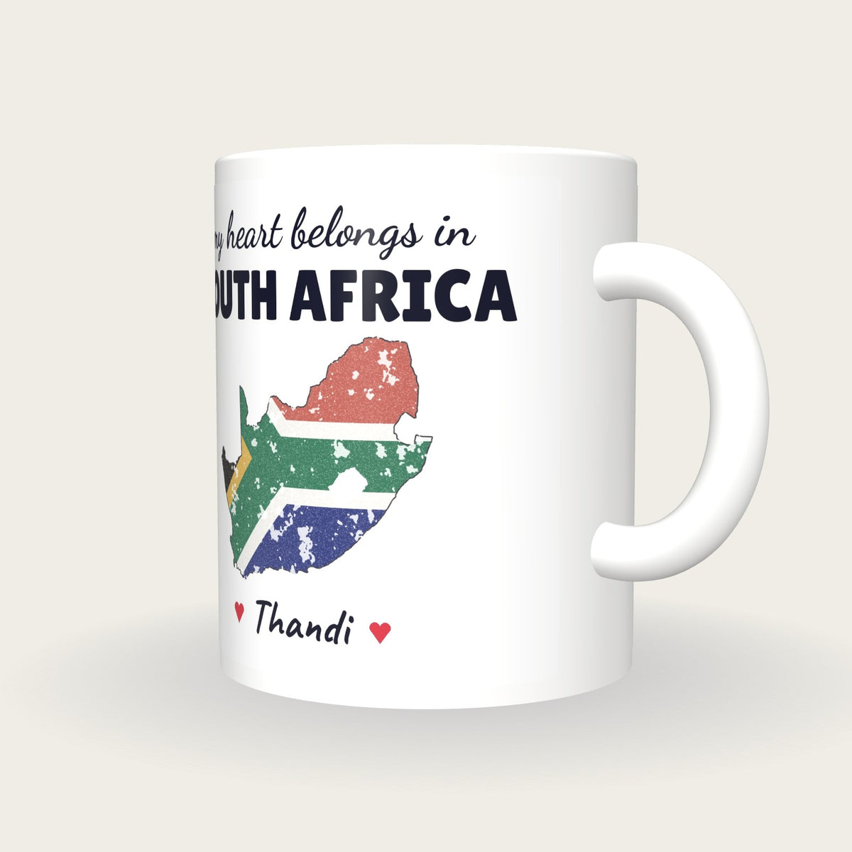 Personalised South Africa Map Mug, My Heart Belongs In South Africa, three-quarter view