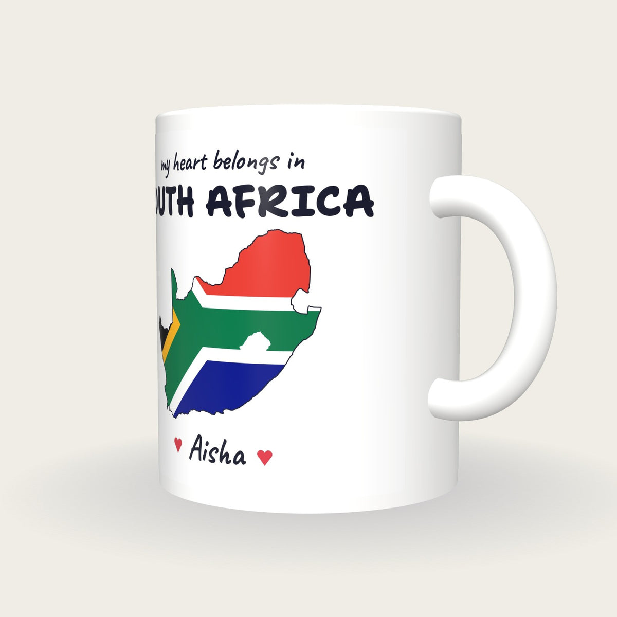 Personalised South Africa Map Mug, My Heart Belongs In South Africa, three-quarter view