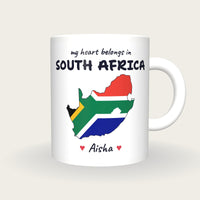 Personalised South Africa Map Mug, My Heart Belongs In South Africa, front