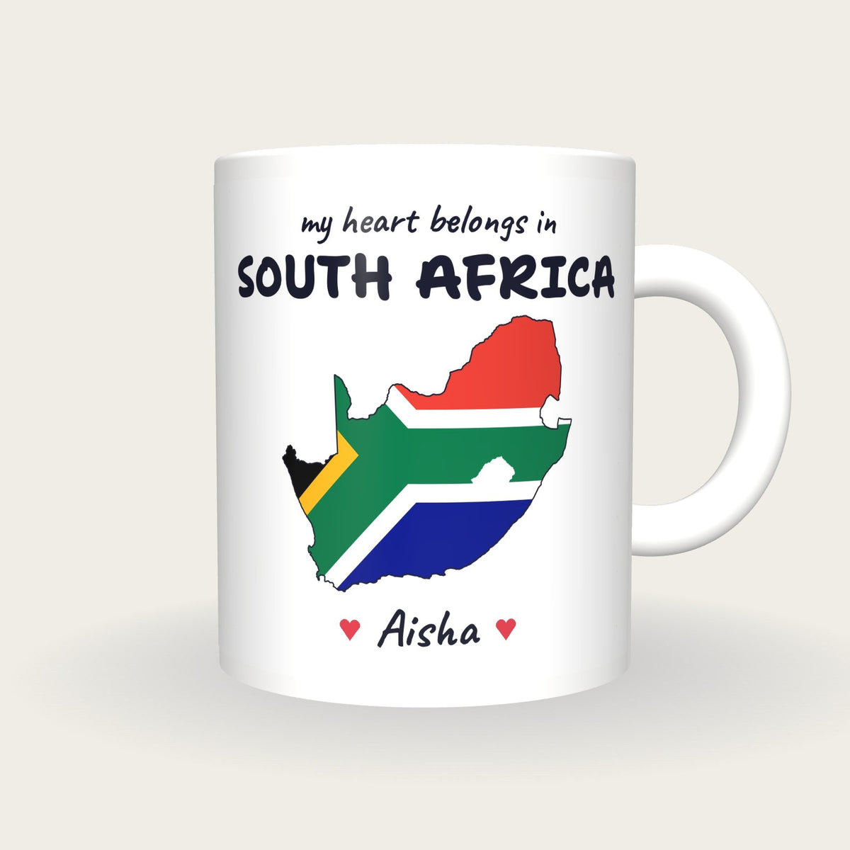 Personalised South Africa Map Mug, My Heart Belongs In South Africa, front