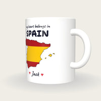 Personalised Spain Map Mug, My Heart Belongs In Spain, three-quarter view