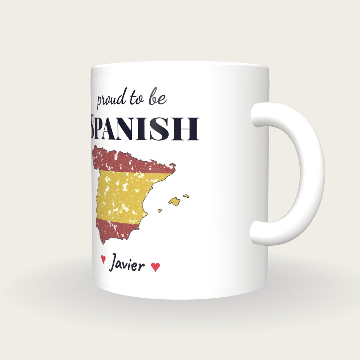 Personalised Spain Map Mug, Proud To Be Spanish, three-quarter view