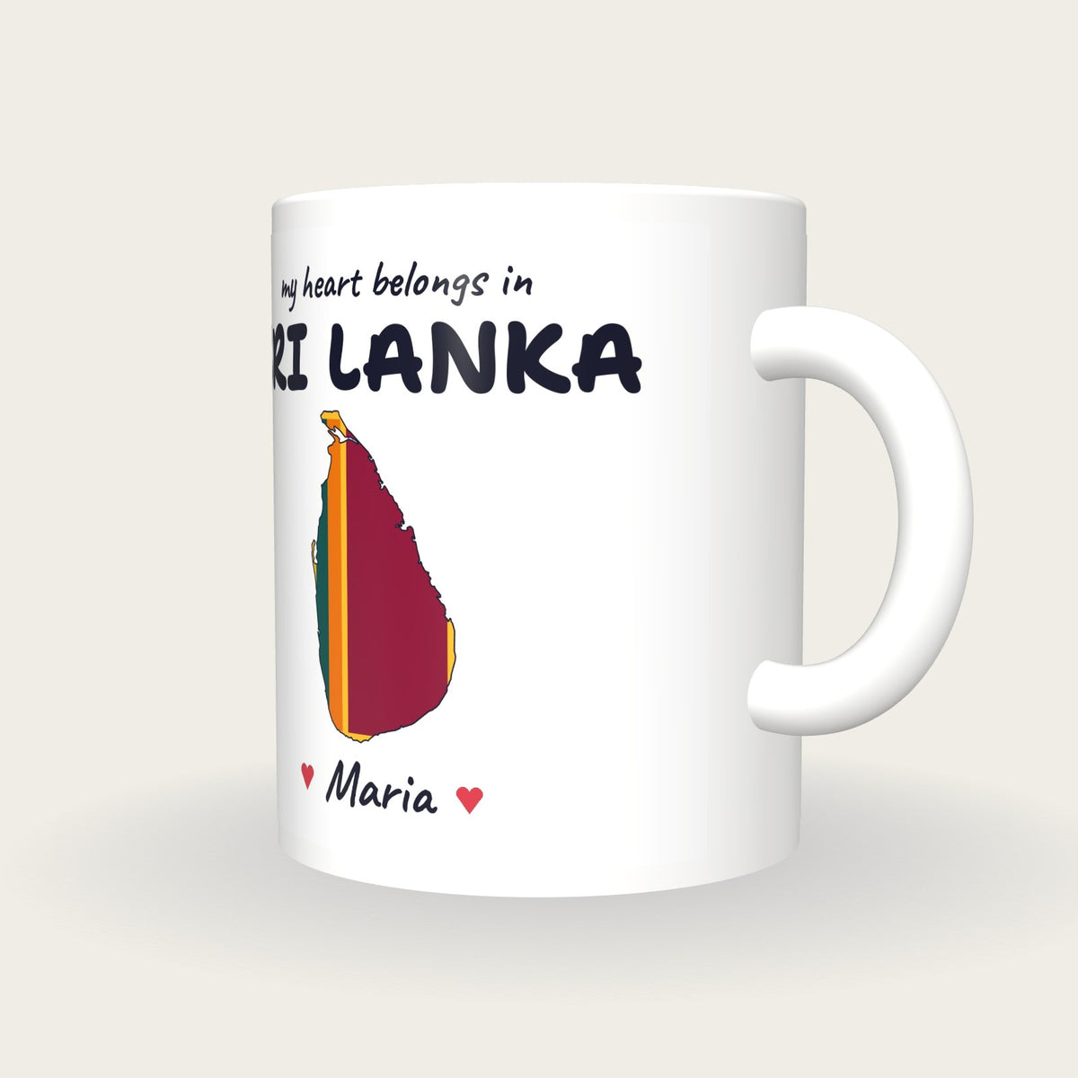 Personalised Sri Lanka Map Mug, My Heart Belongs In Sri Lanka, three-quarter view