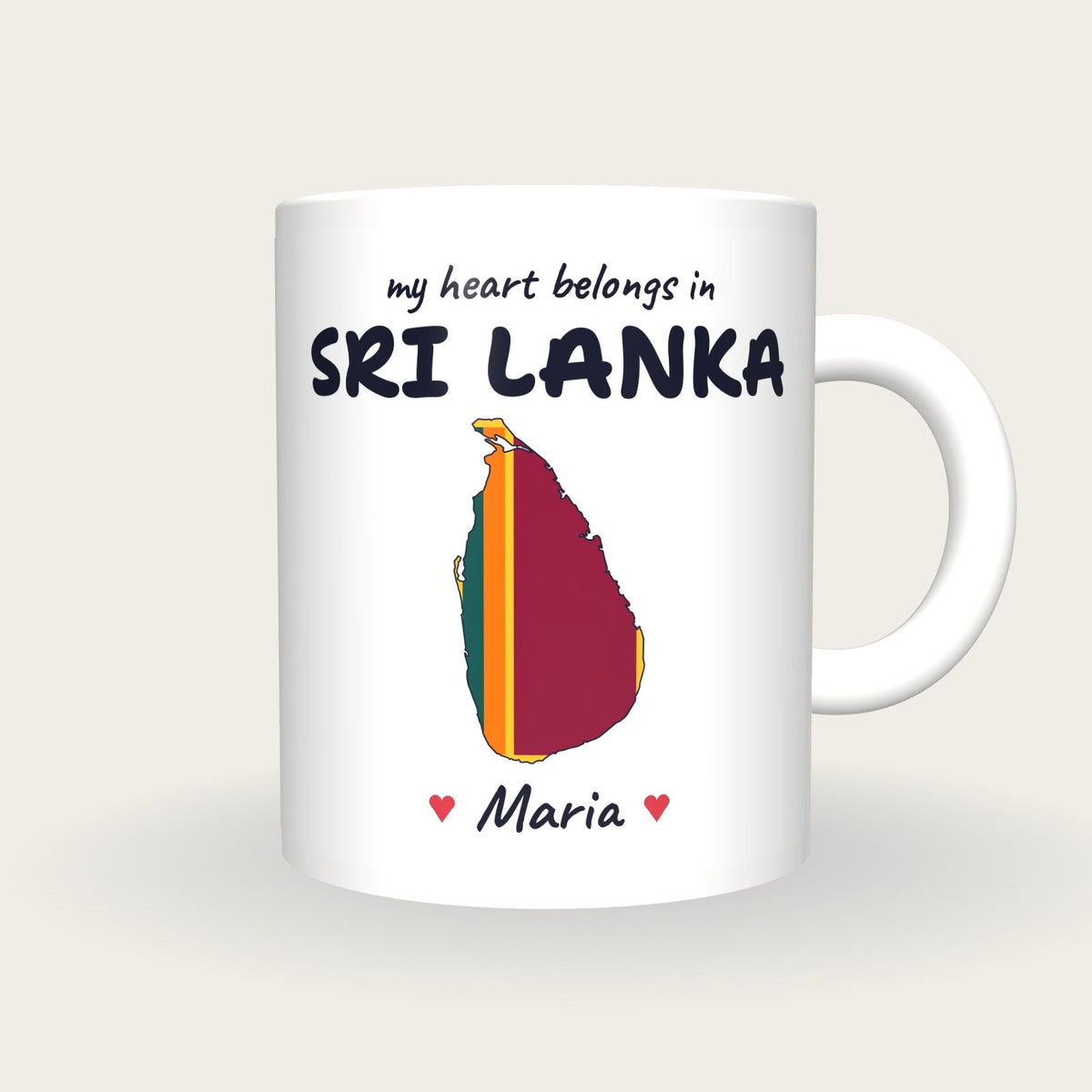 Personalised Sri Lanka Map Mug, My Heart Belongs In Sri Lanka, front