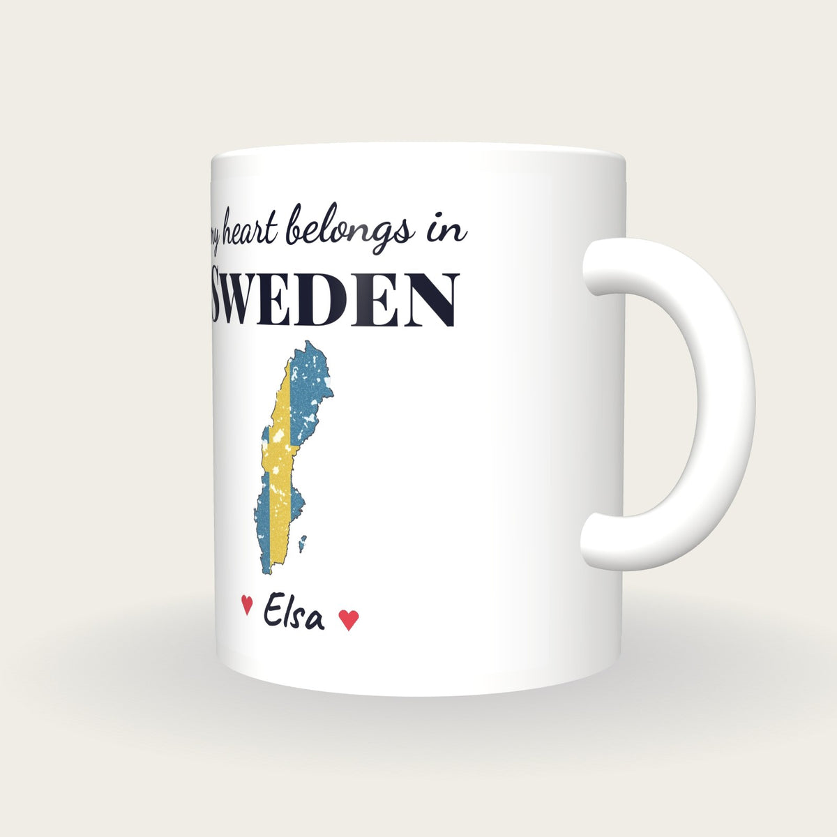 Personalised Sweden Map Mug, My Heart Belongs In Sweden, three-quarter view
