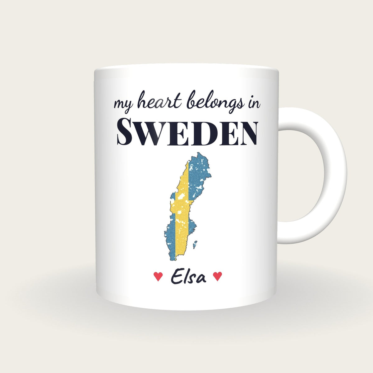 Personalised Sweden Map Mug, My Heart Belongs In Sweden, front