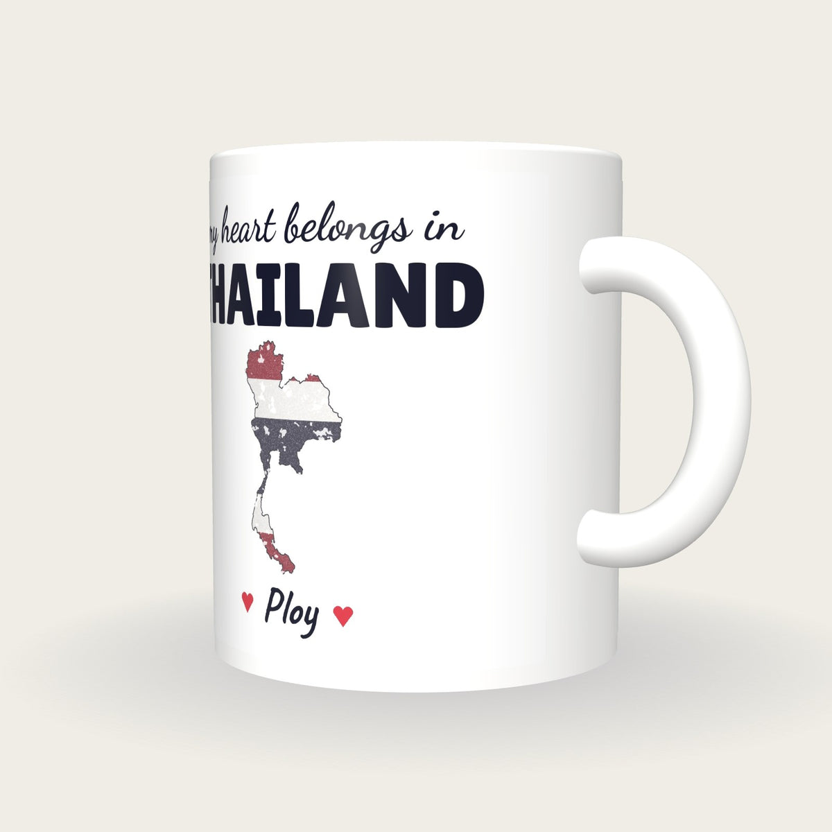 Personalised Thailand Map Mug, My Heart Belongs In Thailand, three-quarter view
