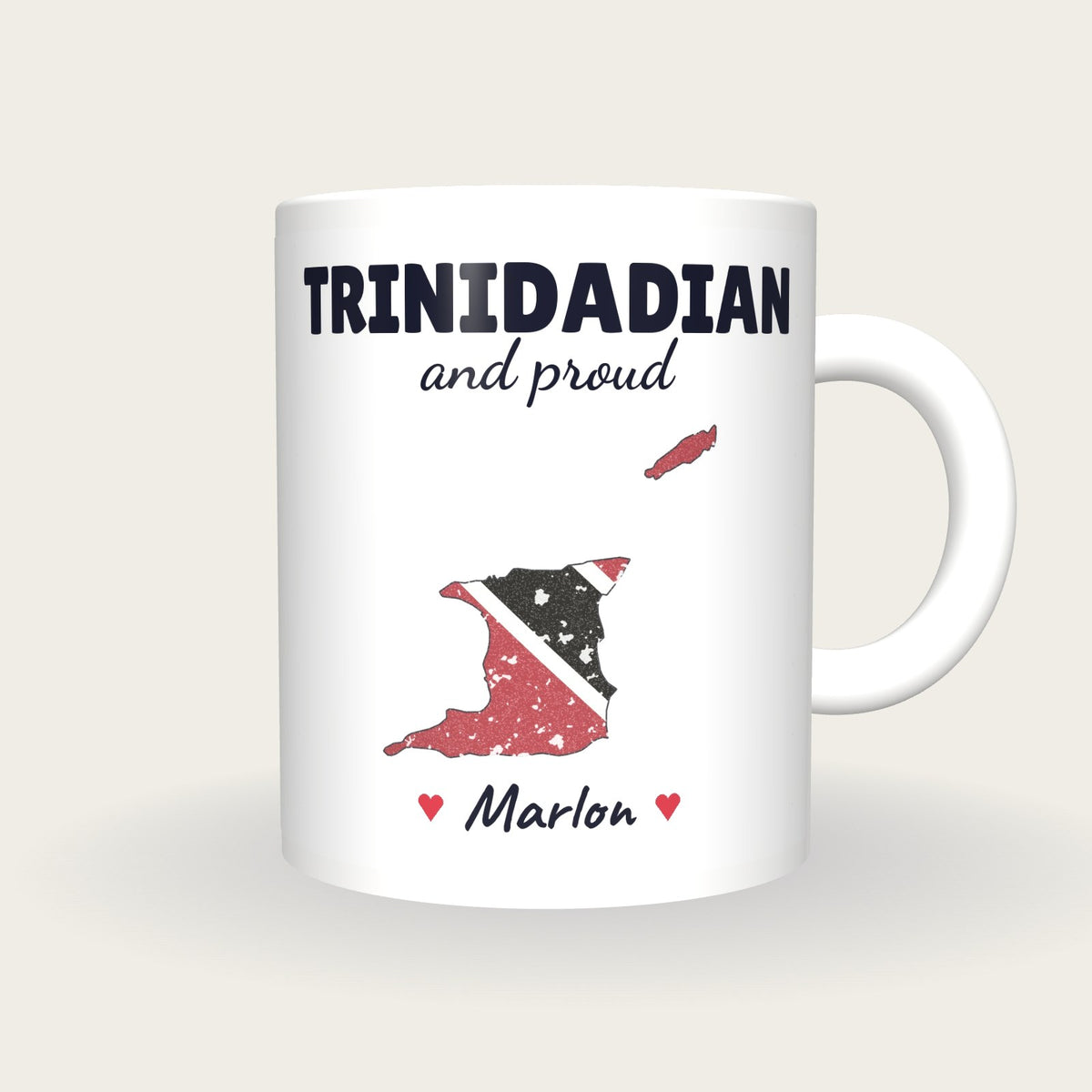 Personalised Trinidad and Tobago Map Mug, Trinidadian And Proud, front