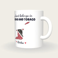 Personalised Trinidad and Tobago Map Mug, My Heart Belongs In Trinidad and Tobago, three-quarter view