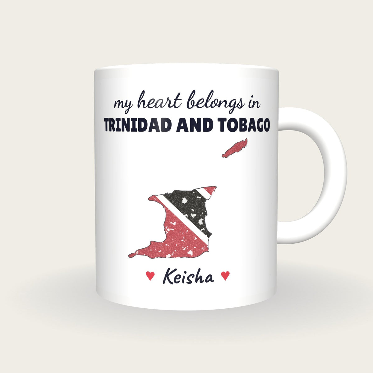 Personalised Trinidad and Tobago Map Mug, My Heart Belongs In Trinidad and Tobago, front