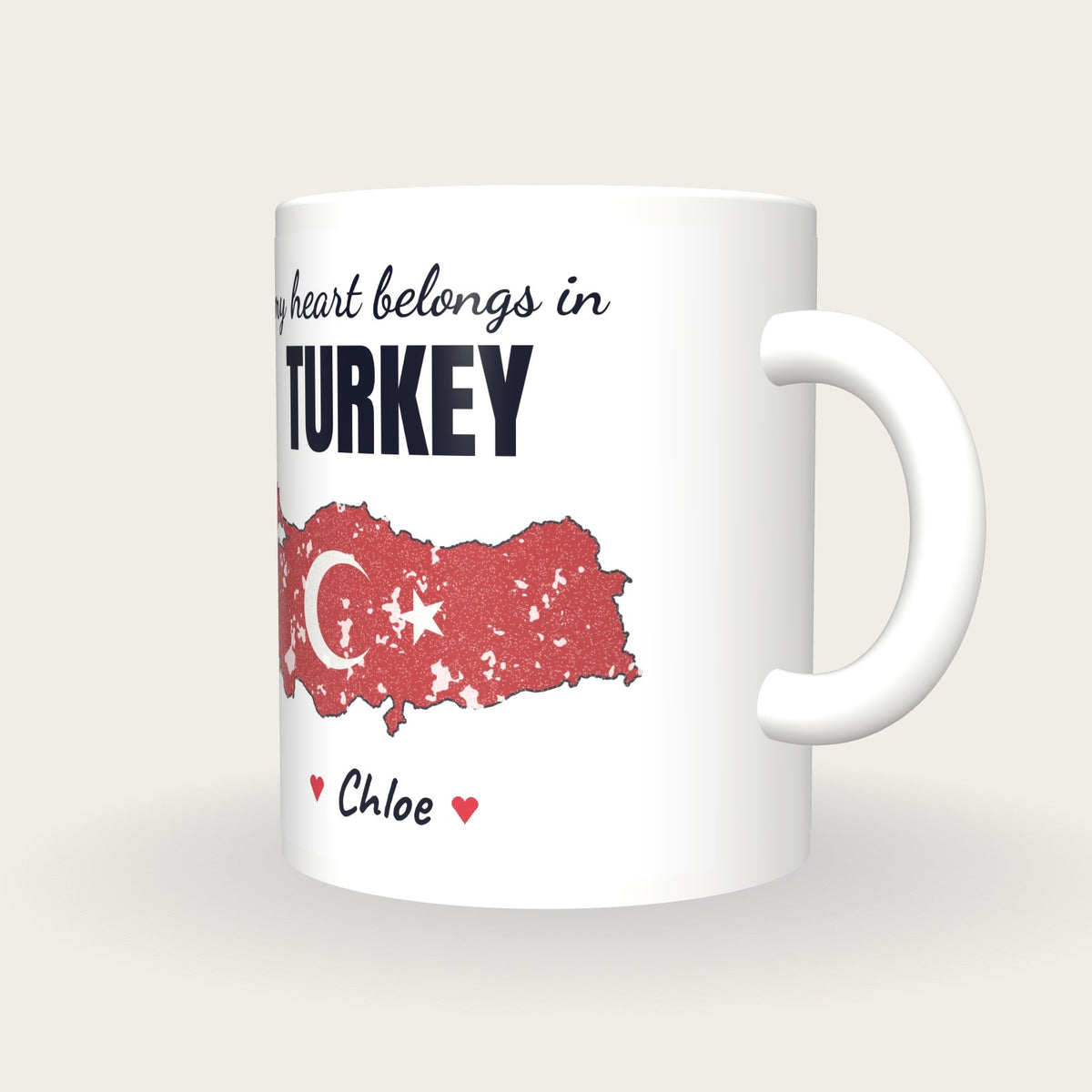 Personalised Turkey Map Mug, My Heart Belongs In Turkey, three-quarter view