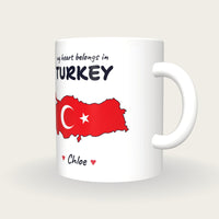 Personalised Turkey Map Mug, My Heart Belongs In Turkey, three-quarter view